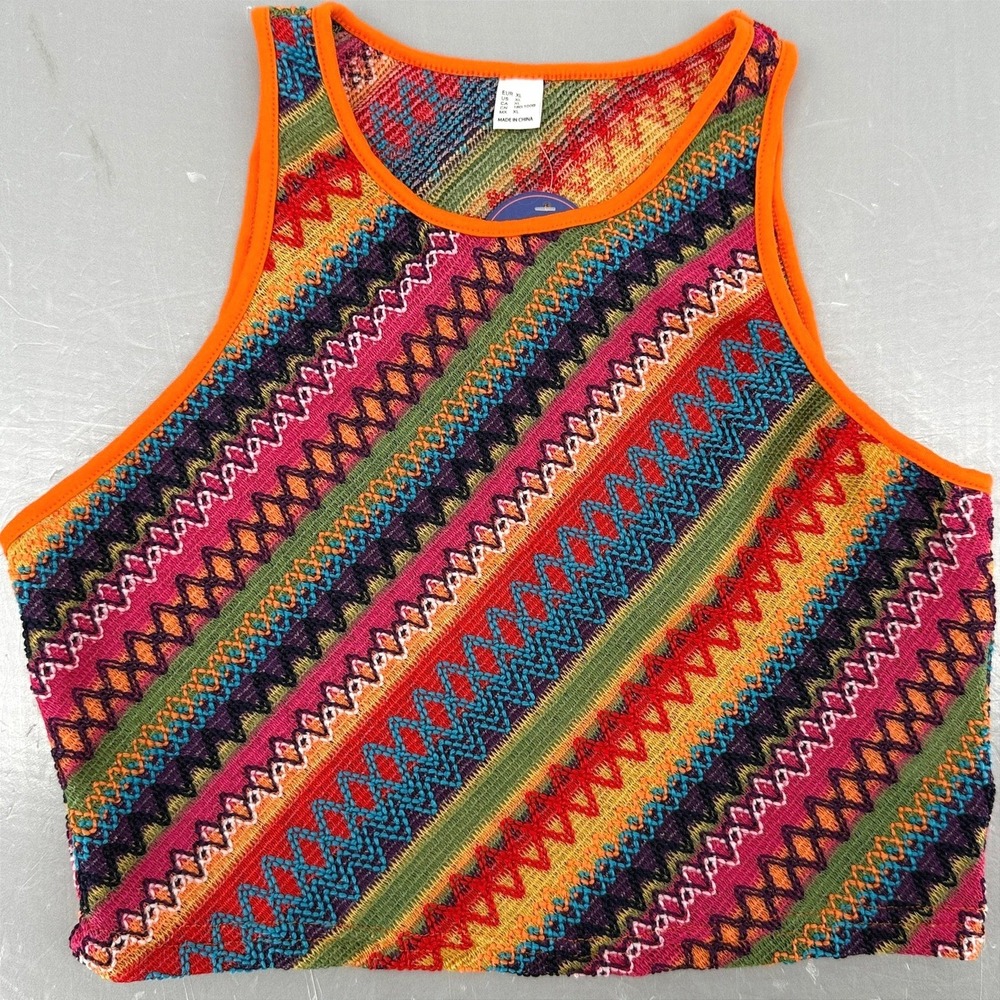 SweatyRocks Womens XL Knit Crop Top Multi Color Geometric Chevron Boho Tank New